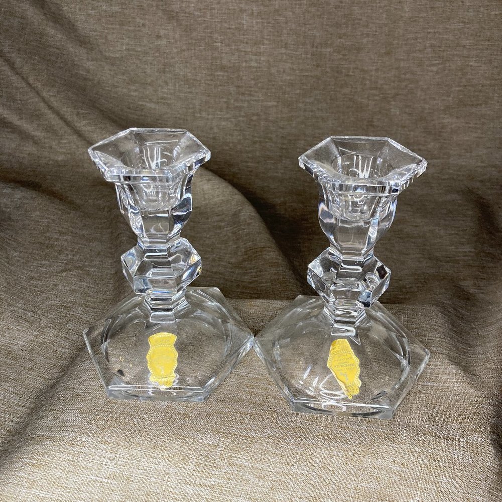 PAIR OF VINTAGE HANDCUT CRYSTAL CANDLE HOLDER BY IMPERLUX.  MADE IN SLOVAKIA